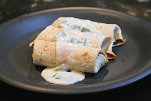 Baked Chicken Burritos with Sour Cream Poblano Sauce