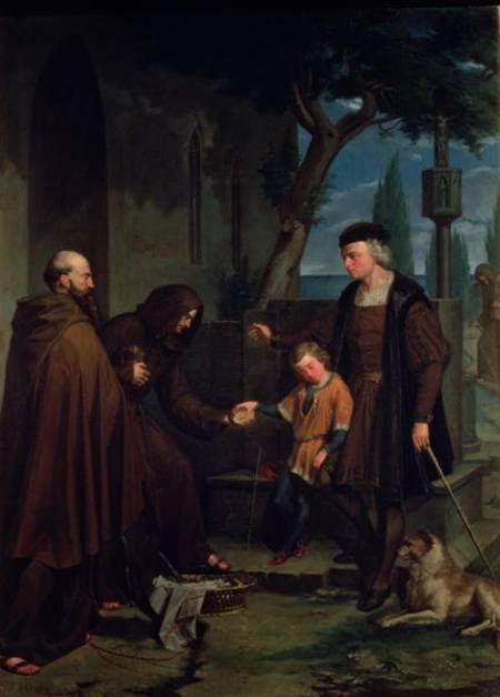 Christopher Columbus at the gates of the monastery of Santa Maria de la Rabida with his son Diego. Painting by Benito Mercade y Fabregas