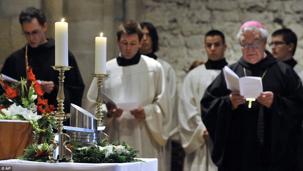 Ceremony: Hungarian priests and monks prayed in front of the urn containing the heart of Otto von Habsburg during the requiem