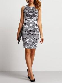 White Sleeveless Abstract Print Slim Dress