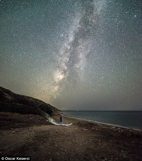 Estrelas, luz, cima, céu, acima, rochoso, praia, rhodes, grécia