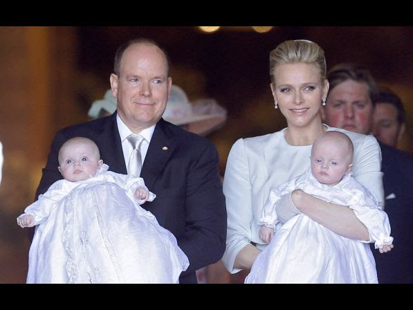 Prince Albert II of Monaco and his wife Princess Charlene pose with their twins babies Princess