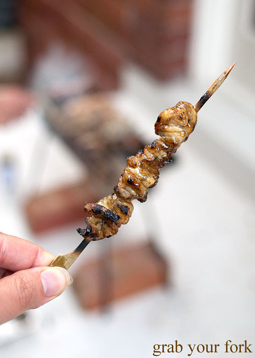 yakitori chicken skin skewers on an arrosticini charcoal grill at a stomachs eleven japanese dinner