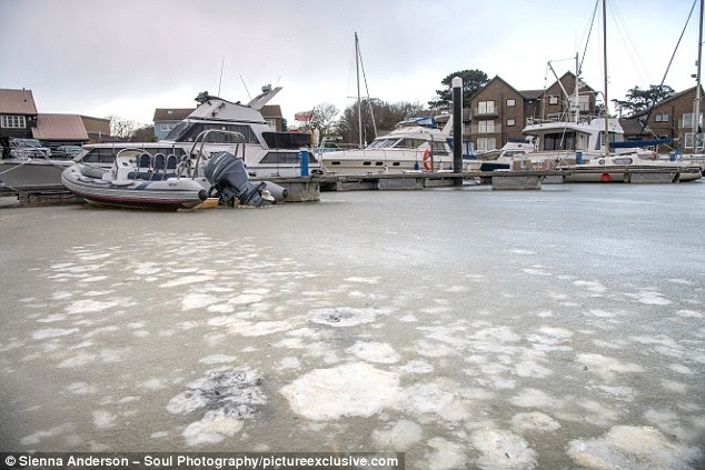 Boats were trapped on Bembridge Harbour, on the east coast of the Isle of Wight after water temperatures dropped below -2C