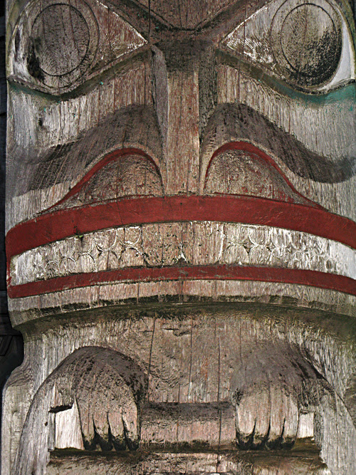 close-up shot of beaver figure, frontal totem, Chief Son-i-Hat Whale House, Kasaan, Alaska