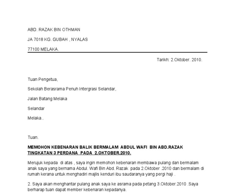 Contoh surat rayuan mohon asrama sekolah