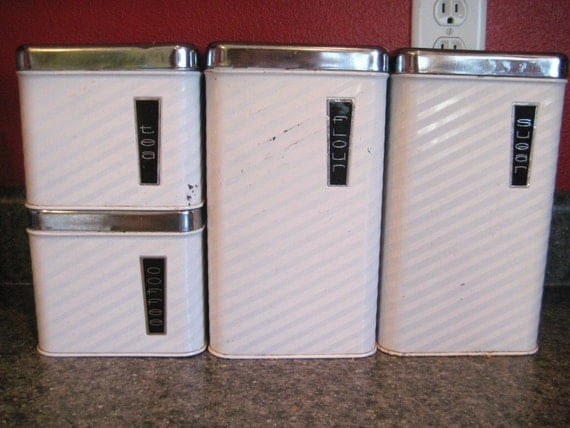 Set of Four White Metal 1950s Kitchen Canisters With Art Deco Text Flour Sugar Coffee Tea