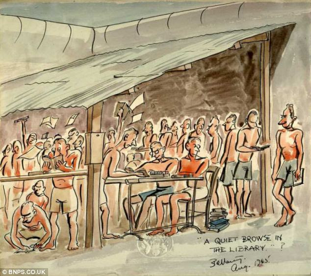 Lance Bombardier Des Bettany depicting the futility of having some peace and quiet in the crowdy library at Changi prison camp in Singapore