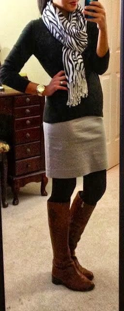 White and black scarf, black sweater, skirt, leggings and long boots combination for fall