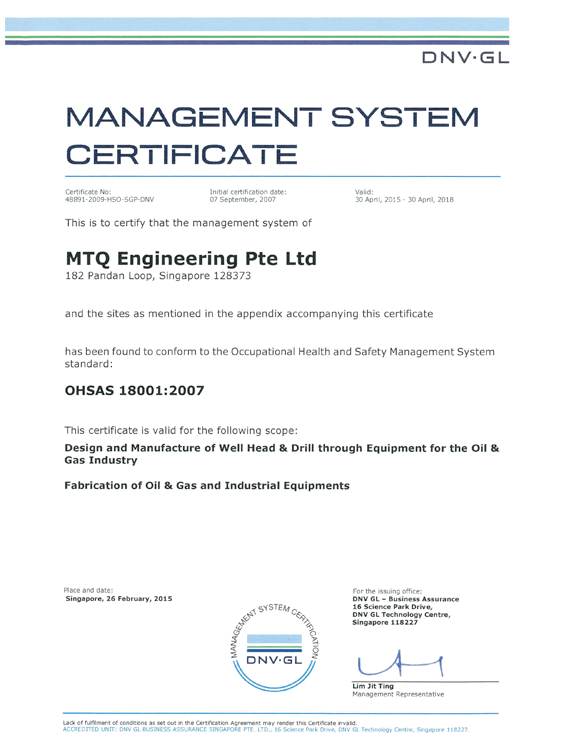 management system certificate OHSAS