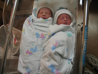 Andrew and Ryan snuggled together in a bassinet. (Andrew's on the left... Ryan on the right...