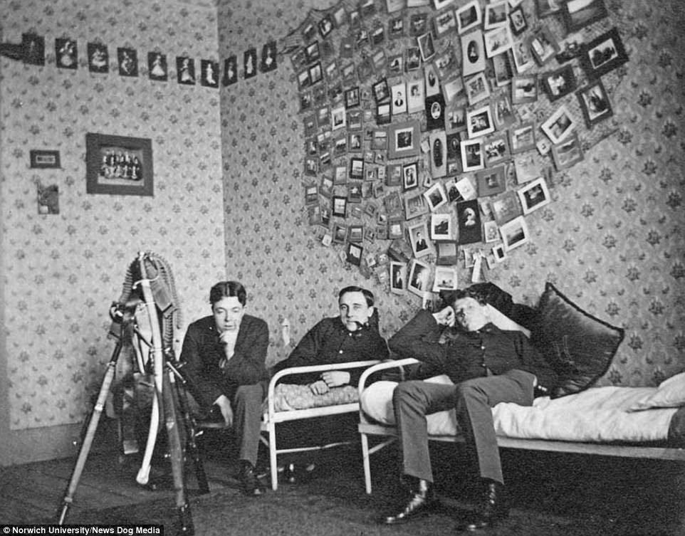 Edward Kent Jones, Clarence Eugene Ellsworth, and Phillip Vincent, decorated the walls of their room with a massive conglomeration of pictures of women and other scenes, Norwich University, Vermont, 1903 