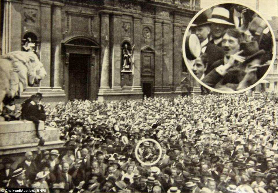 One picture included in the amazing collection is a picture by future Nazi photographer Heinrich Hoffman took in Munich's Odeonsplatz in August 1914 which appeared to show a young Hitler cheering among the crowd at the outbreak of the First World War and was used in Nazi propaganda