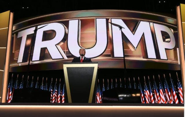 Republican presidential candidate Donald Trump addresses delegates on the final night of the Republican National Convention at the Quicken Loans Arena in Cleveland, Ohio on July 21, 2016