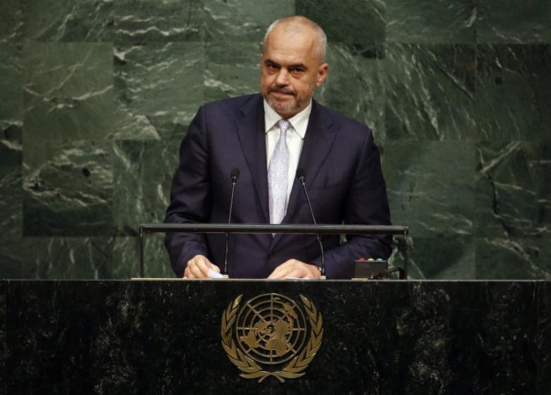 Albanian Prime Minister Edi Rama addresses a plenary meeting of the United Nations Sustainable Development Summit 2015 at the United Nations headquarters in Manhattan, New York September 25, 2015.  REUTERS/Andrew Kelly