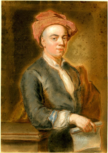 An artist; standing, nearly three-quarter length, half-r, eyes to front, r elbow resting and r hand holding a scroll of paper, on which is drawn a pair of legs, wearing a night-cap, coat, shirt and drapery Coloured chalks, squared for indentation