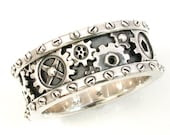 SteamPunk Mens Silver Ring - Gears and Rivets - Industrial Steam Punk - Handmade - SwankMetalsmithing