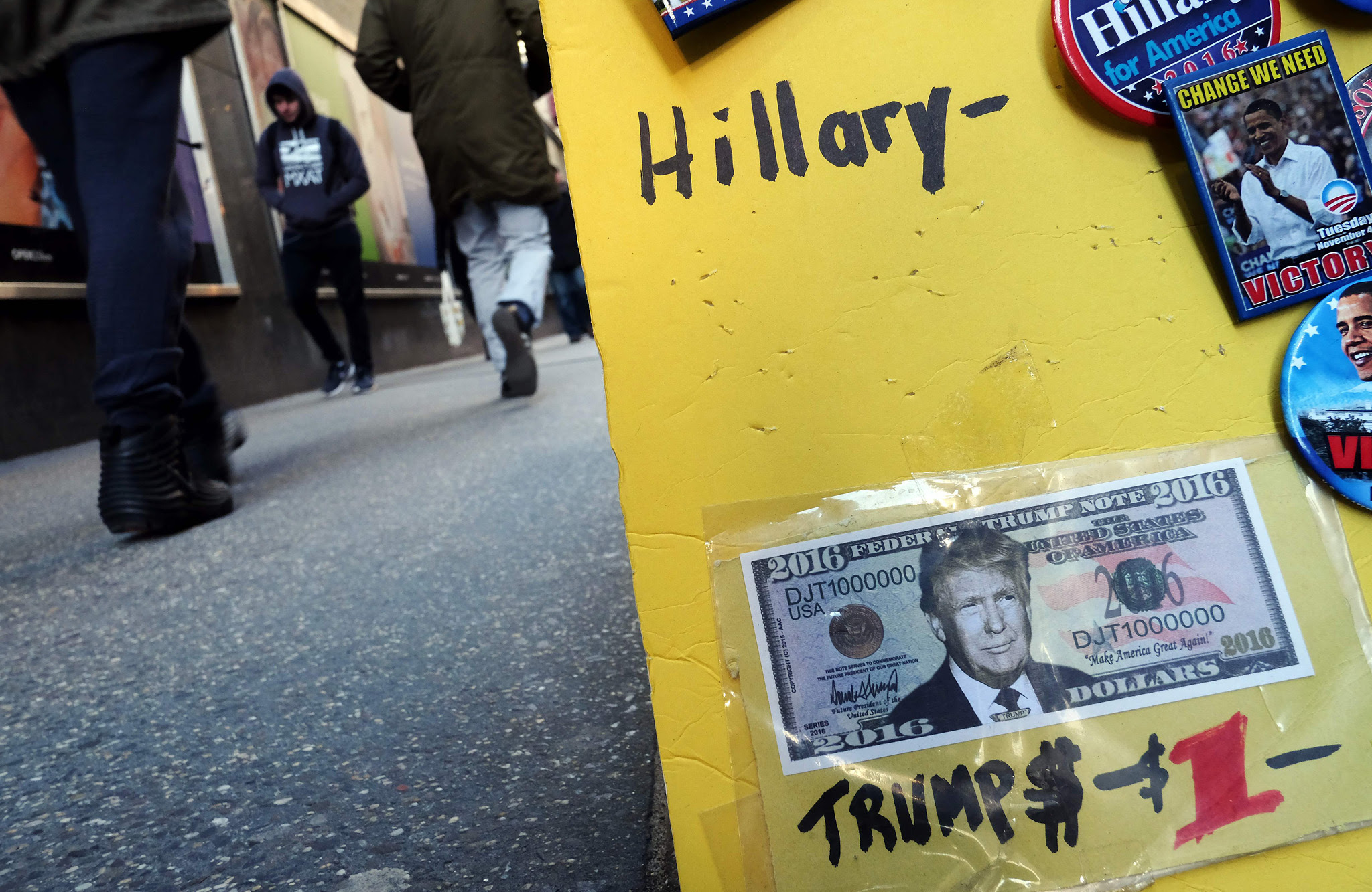 A fake dollar bill with US Republican pr...A fake dollar bill with US Republican presidential candidate Donald Trump's picture on it is displayed for sale with other electoral items at a roadside stall as pedestrians walk past in New York on February 26, 2016. White House hopefuls Ted Cruz and Marco Rubio unleashed a barrage of attacks against Donald Trump during raucous Republican debate on February 25, as they sought to halt the billionaire frontrunner's seemingly relentless march to the party's nomination. / AFP / Jewel SamadJEWEL SAMAD/AFP/Getty Images