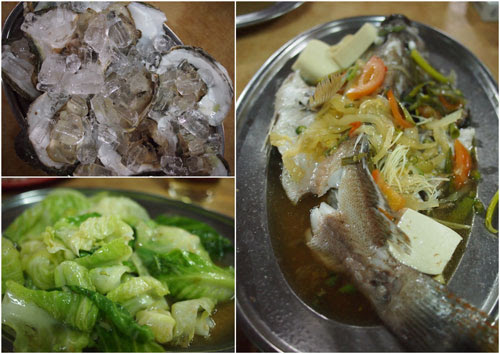 fresh oyster, fried vegetable, steamed grouper fresh oyster, fried vegetable, steamed grouper