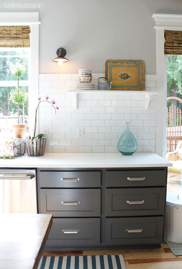 Paint colors: Wall: Polished Gray {Glidden} Ceiling: Polished Limestone {Glidden} Upper Cabinets & Plank walls: Dove White {Benjamin Moore} Lower Cabinets: Kendall Charcoal {Benjamin Moore}