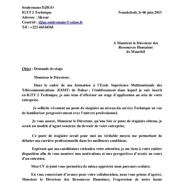 Lettre De Demande De Stage Rh  Job Application Letter