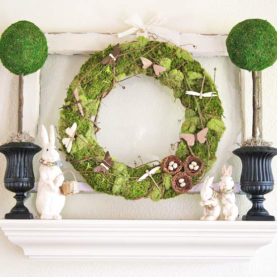 Simple Easter Mantel with Topiaries and Wreath