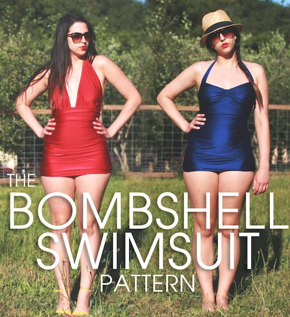 Bombshell swimsuit / bathing suit PDF Pattern. Vintage style. 3 variations: halter, maillot, high waist bikini