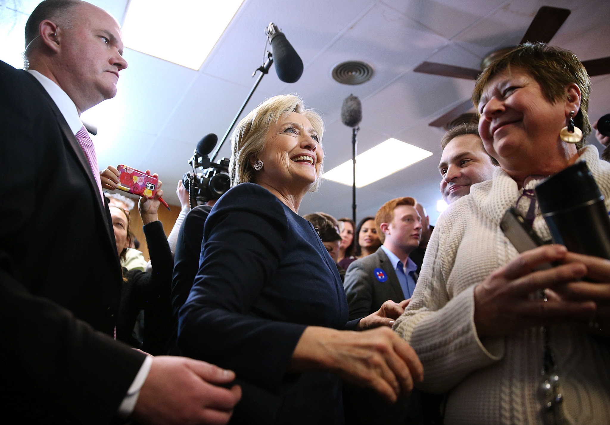 Hillary Clinton Holds Get Out The Caucus Event In Iowa...ADEL, IA - JANUARY 27:  Democratic presidential candidate former Secretary of State Hillary Clinton greets supporters during a "get out the caucus" event at the Adel Family Fun Center on January 27, 2016 in Adel, Iowa.  With less than a week to go before the Iowa caucuses, Hillary Clinton is campaigning throughout Iowa.  (Photo by Justin Sullivan/Getty Images)