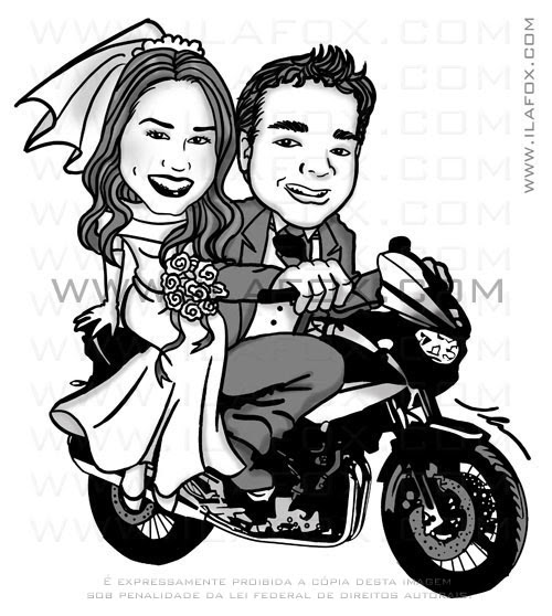 caricatura de noivos na moto, Yamaha TDM 900, noivinhos Adriana e Raphael by ila fox