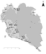 Thumbnail of Location and multilocus sequence types of Burkholderia pseudomallei from water supplies on Koh Phangan, Thailand, 2012. A total of 190 water samples are indicated on the map. Twenty-six samples that were culture positive for B. pseudomallei are shown by black stars together with the sequence type, and 164 samples that were culture negative for B. pseudomallei are indicated as gray dots.