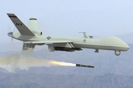 US predator drone unleashing the hellfire missile. This weapon deployed by the Central Intelligence Agency (CIA) and the Pentagon has killed thousands. The Obama administration has increased its usage in Africa, the Middle East and Central Asia. by Pan-African News Wire File Photos