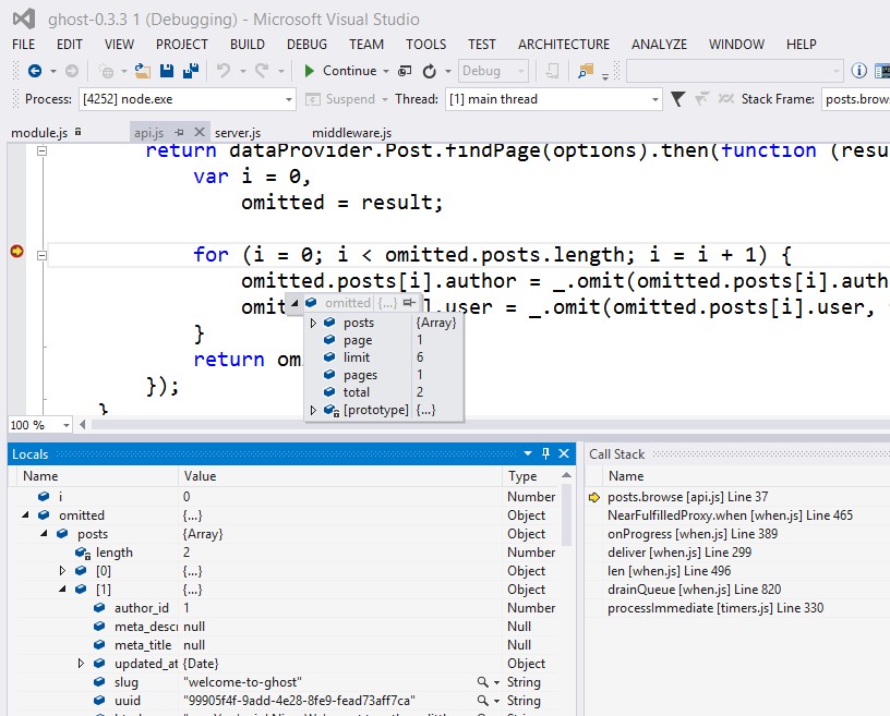 Debugging Session of Ghost in VS with Node Tools for Visual Studio Debugging Session of Ghost in VS with Node Tools for Visual Studio