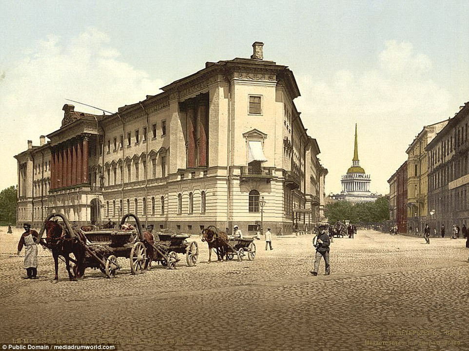 The imposing structure of the Admiralty and War Offices in St Petersburg is shown during the 1890s, a decade in which Russia's last Tsar came to the throne