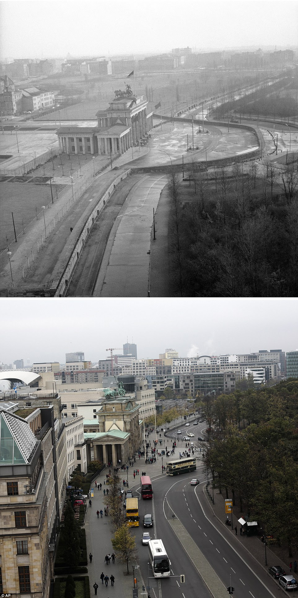 Bustling: The Berlin Wall was built by East Germany in 1961, and the top image shows the wall around the Brandenburg Gate on Nov 19, 1961. Today the same area is filled with cars, buses and people moving freely around the German capital
