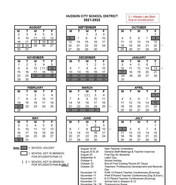 hudson memorial school homework calendar