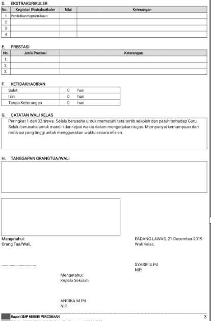Contoh catatan wali kelas di raport k13 smp