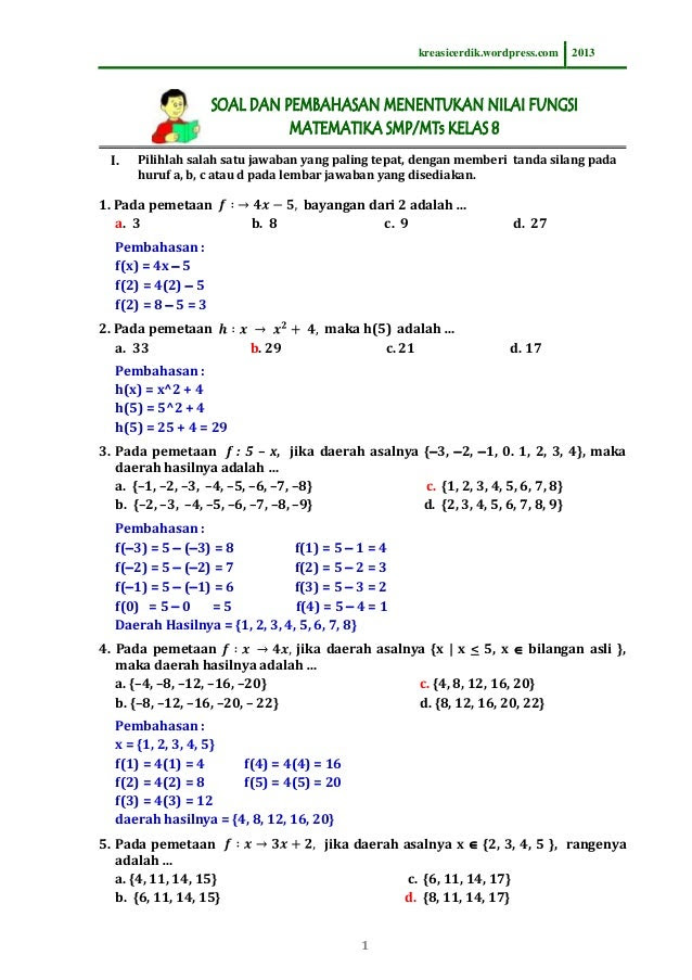 Contoh Soal Relasi Dan Fungsi Beserta Jawabannya Kelas 8