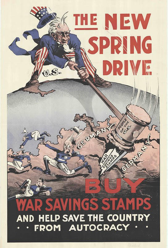 satricial illustration of Uncle Sam hammering stake in to middle of Europe