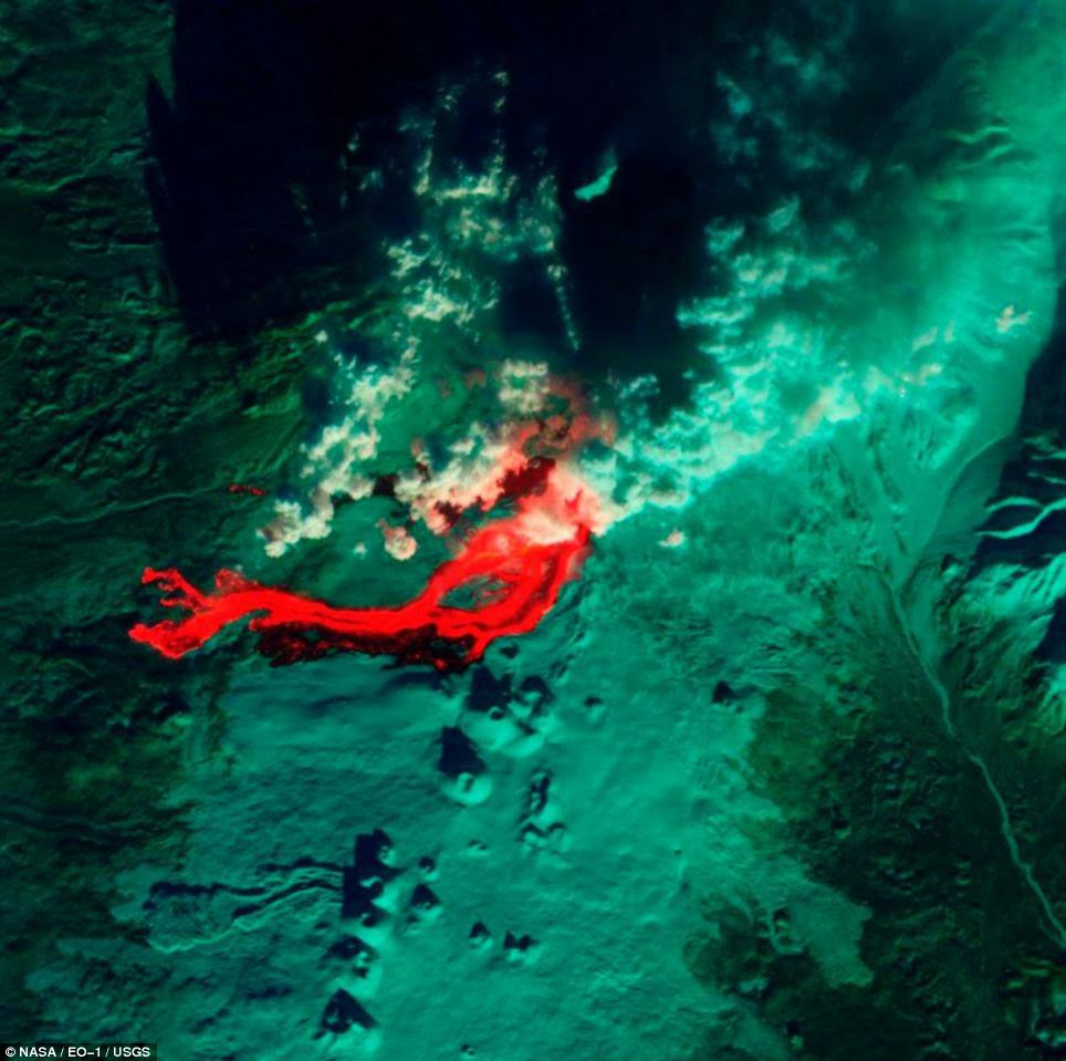 Molten: This infrared image of Tolbachik Volcano on Russia's Kamchatka Peninsula was captured by the Advanced Land Imager on NASA's Earth Observing 1 satellite - the area in red is hot lava spewing from the volcano