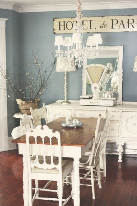 pretty blue walls, whitewash furniture, Paris shabby chic style   (I'm my honey ever lets me paint that "beautiful" dining room table)