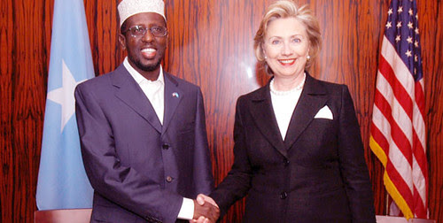 Somalia Transitional Federal Government President Sheikh Sharif Ahmed meets with US Secretary of State Hillary Clinton at the American embassy in Nairobi, Kenya on August 7, 2009. Clinton visited seven African countries in a eleven day tour. by Pan-African News Wire File Photos