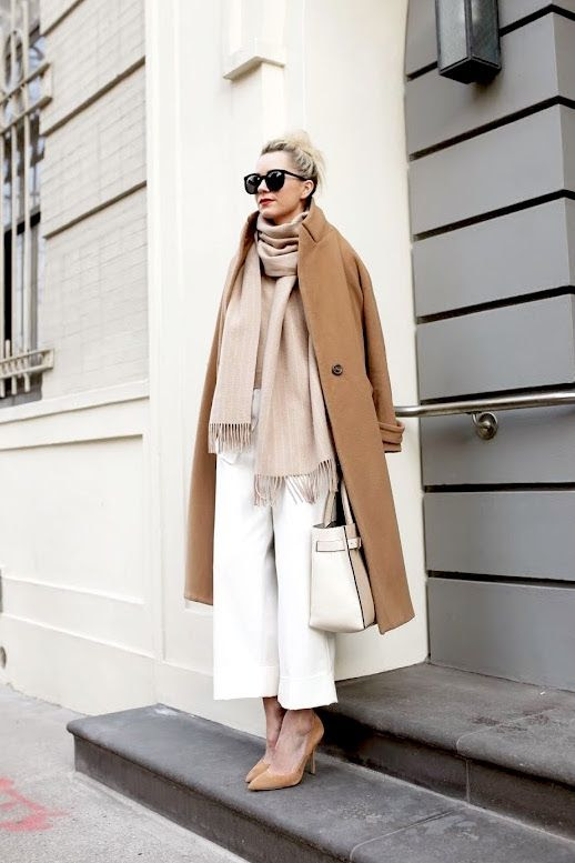 Le Fashion Blog Blogger Blair Fall Winter Street Style Sunglasses Long Camel Coat Pin Stripe Scarf Tan Sweater Two Tone Tote White Culottes Suede Pumps Via Atlantic Pacific
