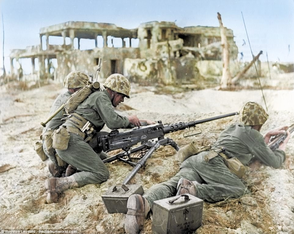 Pictured, US Marines on the beach of Namur Islet, Kwajalein Atoll, the first of the Marshall Islands to be taken from Japan in January¿February 1944
