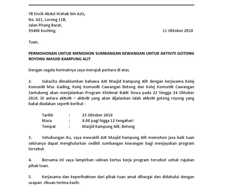 Contoh Surat Permohonan Bantuan Kewangan Perubatan