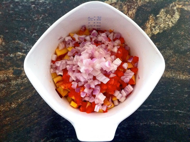 Diced Bell Pepper, Shallot, Vanilla Sugar and Salt Added to Peaches