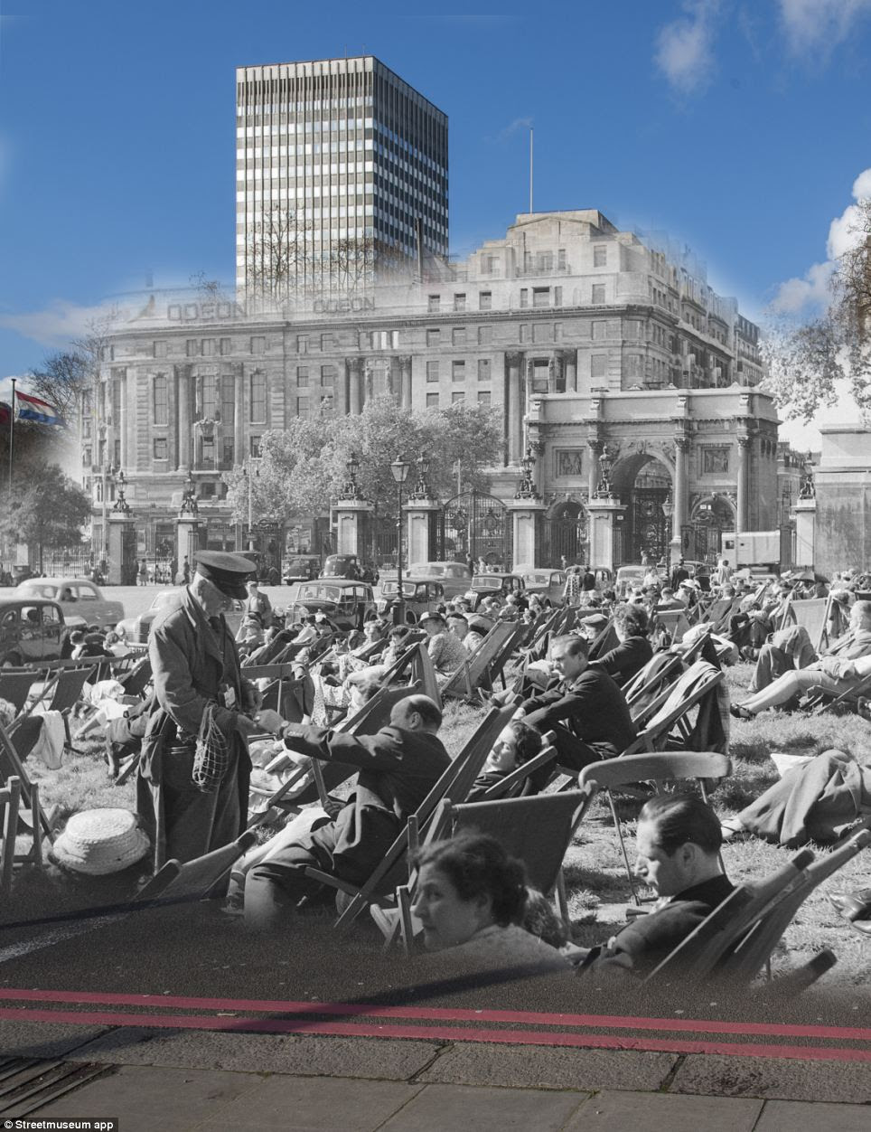 People sunbathing in Hyde Park with Marble Arch and the Odeon cinema in the background. The attendant is selling tickets for the deckchairs which are available for hire in the park. The Odeon which was originally a Regal cinema, opened in 1928. The exterior of the building was made from Portland Stone and featured columns and statues however in 1964 it was thought too small and the building was demolished and a larger cinema complex was built in its place