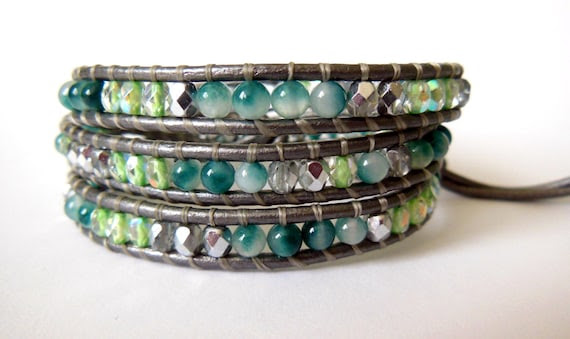 Moss Jade Leather Wrap Bracelet with Czech Glass Beads