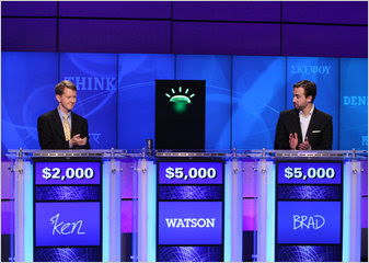 Ken Jennings, left, Brad Rutter and a computer named Watson competed on “Jeopardy” at I.B.M.’s campus in Yorktown Heights, N.Y.