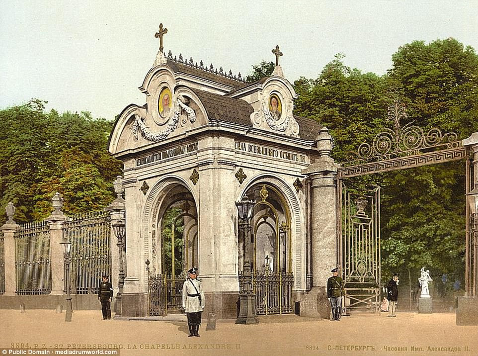 Landmark buildings in St Petersburg are shown in full colour as they would have appeared during in the 1890s. This photograph shows a chapel named after Alexander II, who reigned between 1855 and his assassination in 1881. His grandson, who became the country's last Tsar, Nicholas II, took the throne in 1894