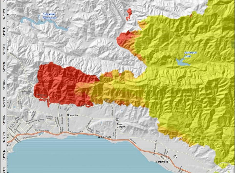 A close up look at the Thomas Fire progression map is pictured. The red shows the over 11,000 acres of growth from Saturday mostly in Montecito and Santa Barbara areas. More than 104,607 people have been evacuated as of Monday